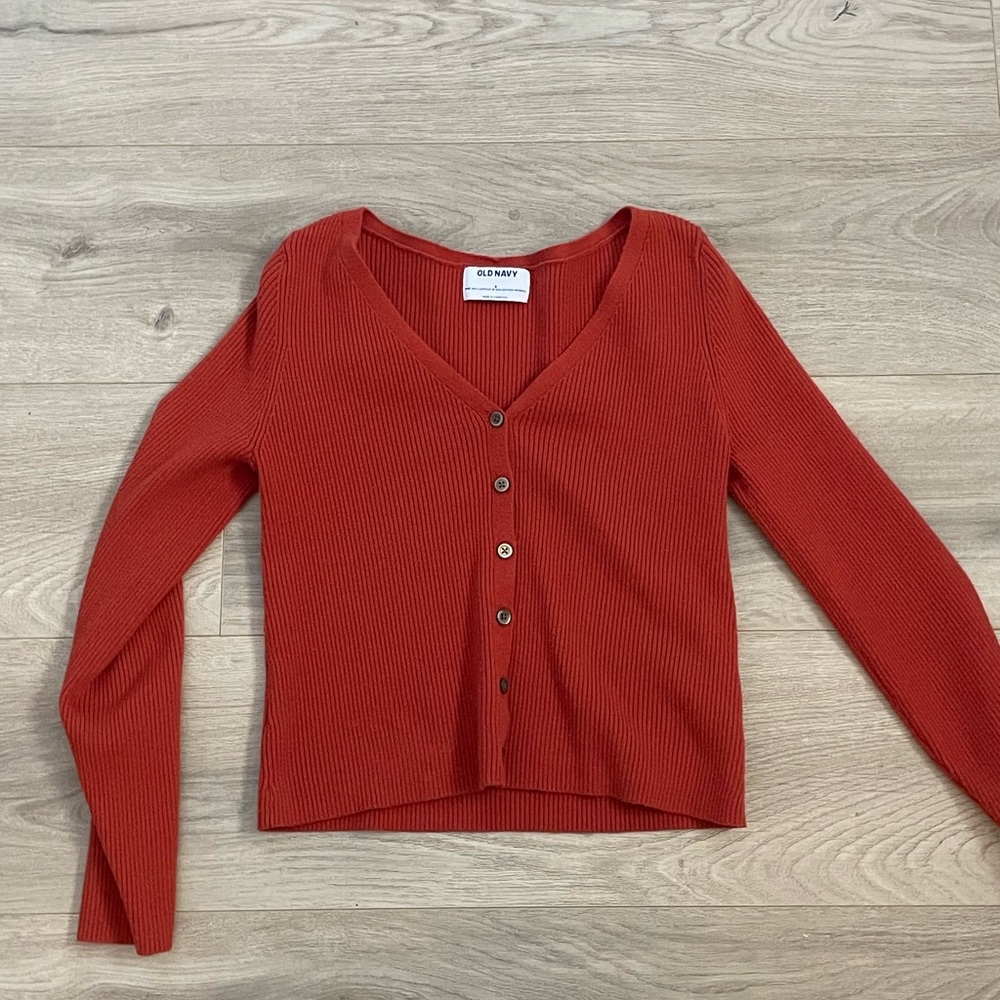 Red Ribbed Button-Up Cardigan